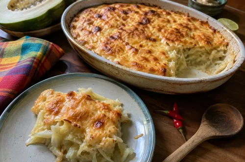 Gratin de papaye verte réunionnais gratiné doré, servi dans un plat en céramique avec une portion à part