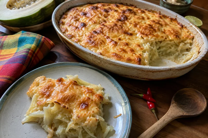 Gratin de papaye verte réunionnais gratiné doré, servi dans un plat en céramique avec une portion à part
