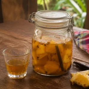 Rhum arrangé ananas et vanille en bocal, avec un verre servi et une gousse de vanille