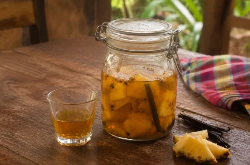 Rhum arrangé ananas et vanille en bocal, avec un verre servi et une gousse de vanille