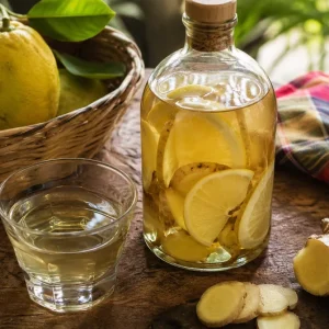 Bouteille de rhum arrangé citron gingembre maison avec citrons et gingembre frais