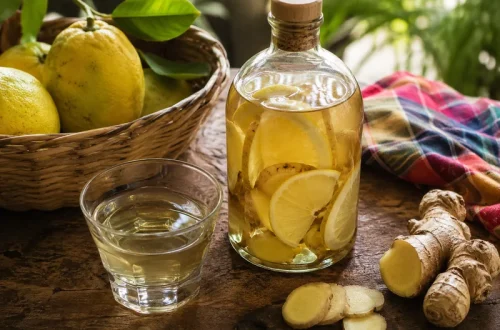 Bouteille de rhum arrangé citron gingembre maison avec citrons et gingembre frais