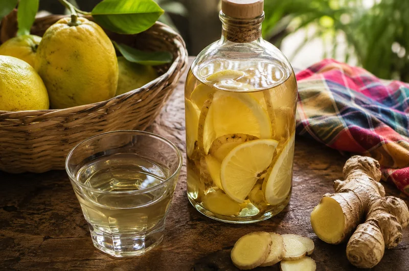 Bouteille de rhum arrangé citron gingembre maison avec citrons et gingembre frais
