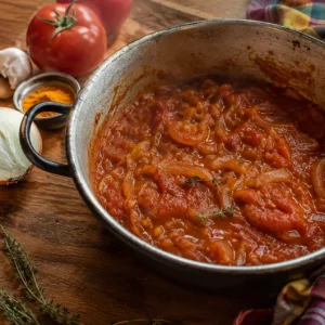 Sauce cari réunionnaise en train de mijoter dans une marmite, avec tomates, oignons, gingembre et curcuma