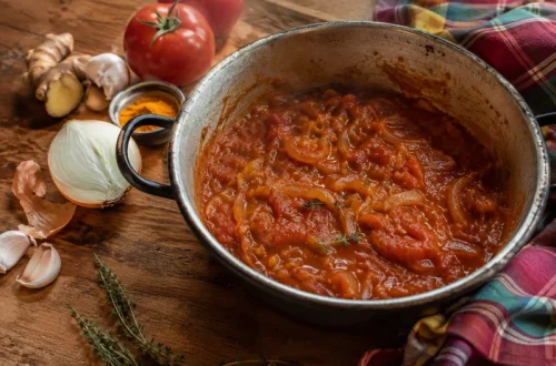 Sauce cari réunionnaise en train de mijoter dans une marmite, avec tomates, oignons, gingembre et curcuma