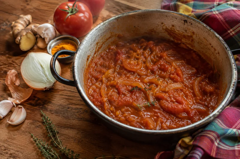 Sauce cari réunionnaise en train de mijoter dans une marmite, avec tomates, oignons, gingembre et curcuma