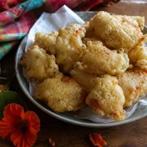 Beignets de fleurs de capucine croustillants servis avec des fleurs fraîches