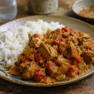 Cari thon réunionnais servi avec du riz blanc dans une assiette