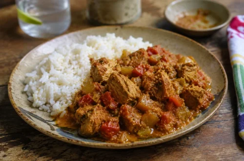 Cari thon réunionnais servi avec du riz blanc dans une assiette