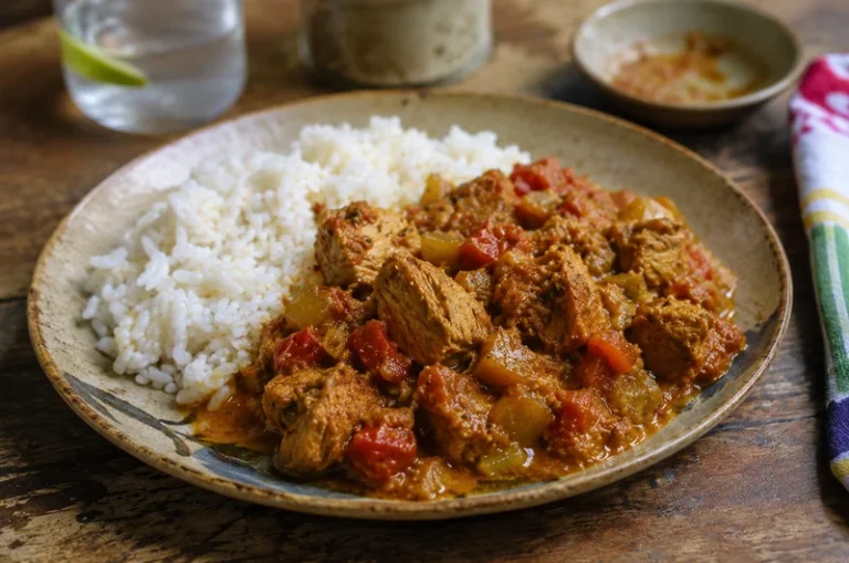 Cari thon réunionnais servi avec du riz blanc dans une assiette