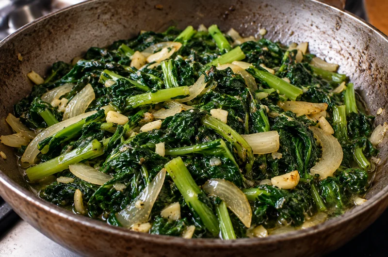 Fricassée de brède morelle (brède martin) sautée à l'ail et à l'oignon dans une poêle