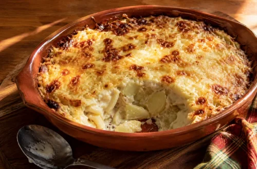 Gratin de fruit à pain gratiné au fromage dans un plat en terre cuite