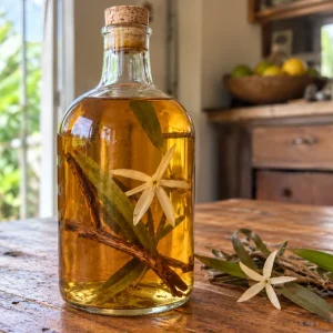 Bocal de rhum arrangé faham, feuilles et fleur d'orchidée faham macérant dans le rhum