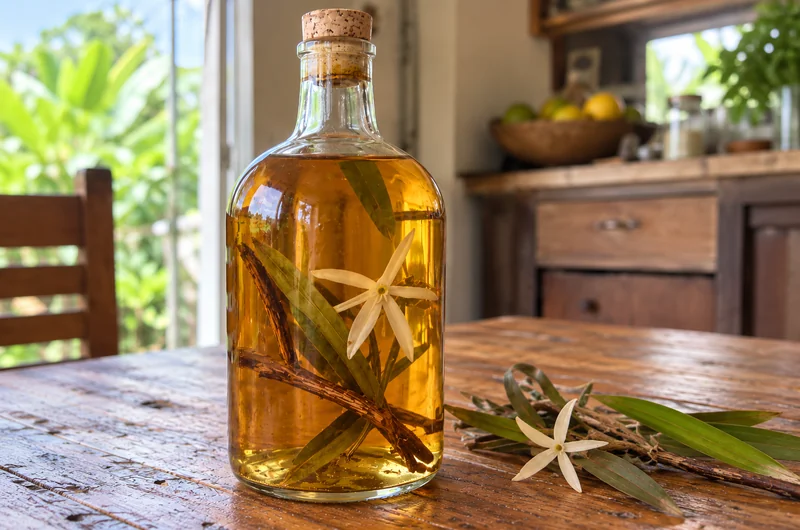 Bocal de rhum arrangé faham, feuilles et fleur d'orchidée faham macérant dans le rhum