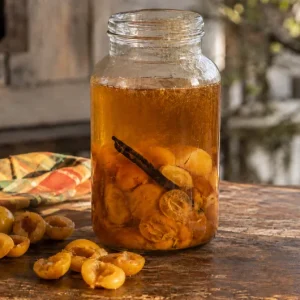 Bocal de rhum arrangé mirabelle en macération avec une gousse de vanille
