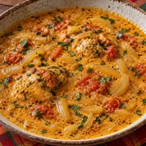 Sauce coco réunionnaise onctueuse au curcuma et à la tomate, servie dans un bol en céramique