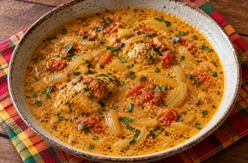 Sauce coco réunionnaise onctueuse au curcuma et à la tomate, servie dans un bol en céramique