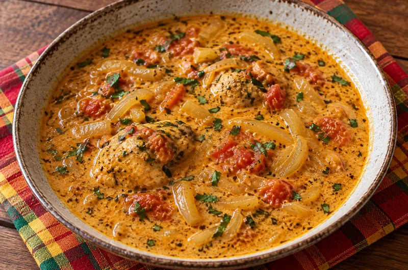 Sauce coco réunionnaise onctueuse au curcuma et à la tomate, servie dans un bol en céramique