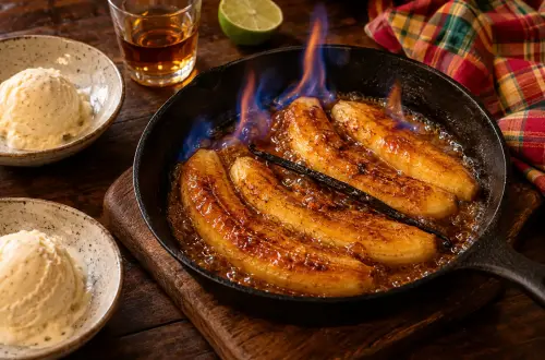 Bananes flambées au rhum dans une poêle en fonte, sirop caramélisé à la vanille, avec glace vanille