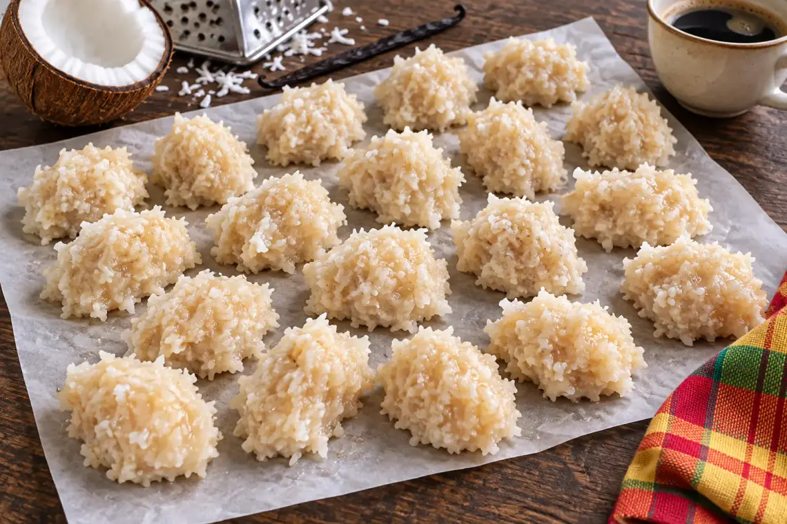 Bonbons coco réunionnais en petits tas sur papier sulfurisé, avec noix de coco, vanille et café