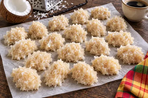 Bonbons coco réunionnais en petits tas sur papier sulfurisé, avec noix de coco, vanille et café