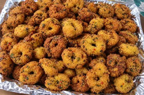 Bonbons piments réunionnais, beignets de pois du Cap percés au centre