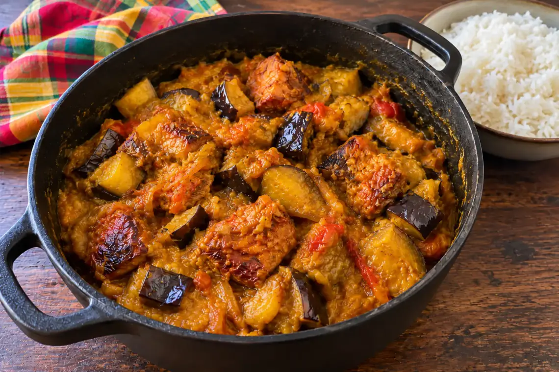 Marmite en fonte de boucané bringelle : morceaux de boucané dorés et cubes d'aubergine avec leur peau, fondus dans une sauce tomate au curcuma, à côté d'un bol de riz blanc