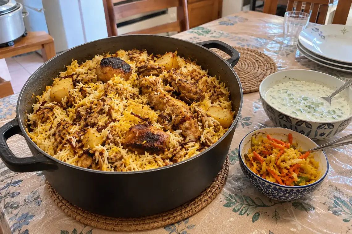 Grande cocotte de briani réunionnais au poulet : riz basmati blanc et jaune safran, morceaux de poulet dorés, pommes de terre et oignons frits, avec un bol de raïta et des achards
