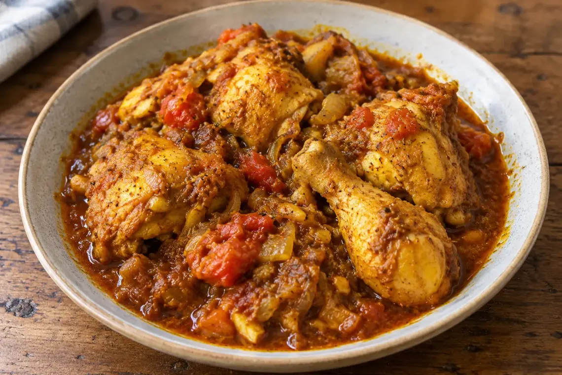 Cari de poulet réunionnais : cuisses et pilons mijotés dans une sauce tomate au curcuma