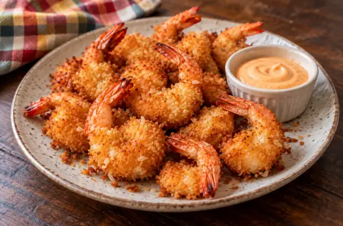 Crevettes panées à la noix de coco, dorées, avec leur queue, servies avec une mayonnaise pimentée
