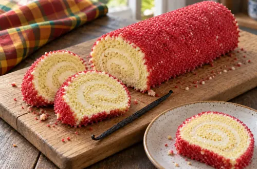 Gâteau chemin de fer réunionnais roulé dans le sucre rouge, tranches montrant la spirale de biscuit et de crème au beurre