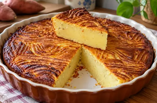 Gâteau patate douce réunionnais au dessus doré et rayé, une part coupée dans le moule