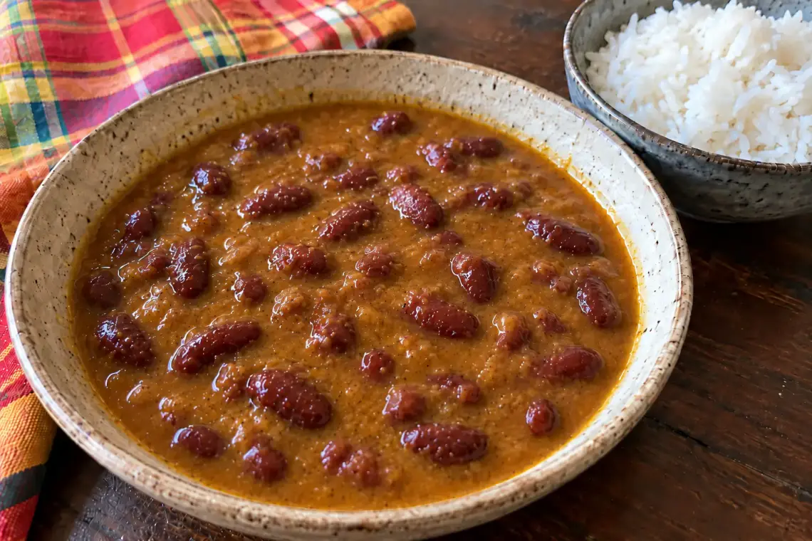 Grains réunionnais : haricots rouges mijotés dans une sauce brune et onctueuse, dans un bol en grès, à côté d'un bol de riz blanc
