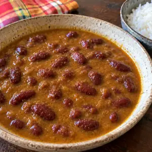 Grains réunionnais : haricots rouges mijotés dans une sauce brune et onctueuse, dans un bol en grès, à côté d'un bol de riz blanc
