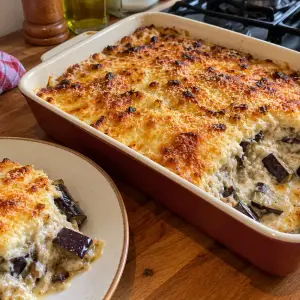 Gratin de bringelles réunionnais dans un plat rouge sorti du four : croûte de fromage dorée, cubes d'aubergine fondants dans la béchamel, une part servie dans une assiette à côté