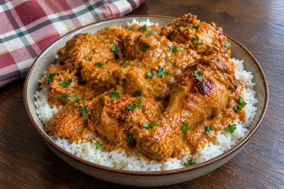Poulet dakatine servi sur du riz blanc : cuisses et pilons dorés nappés d'une sauce crémeuse à la pâte d'arachide et à la tomate, parsemés d'herbes fraîches