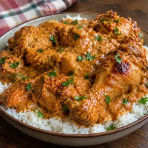 Poulet dakatine servi sur du riz blanc : cuisses et pilons dorés nappés d'une sauce crémeuse à la pâte d'arachide et à la tomate, parsemés d'herbes fraîches