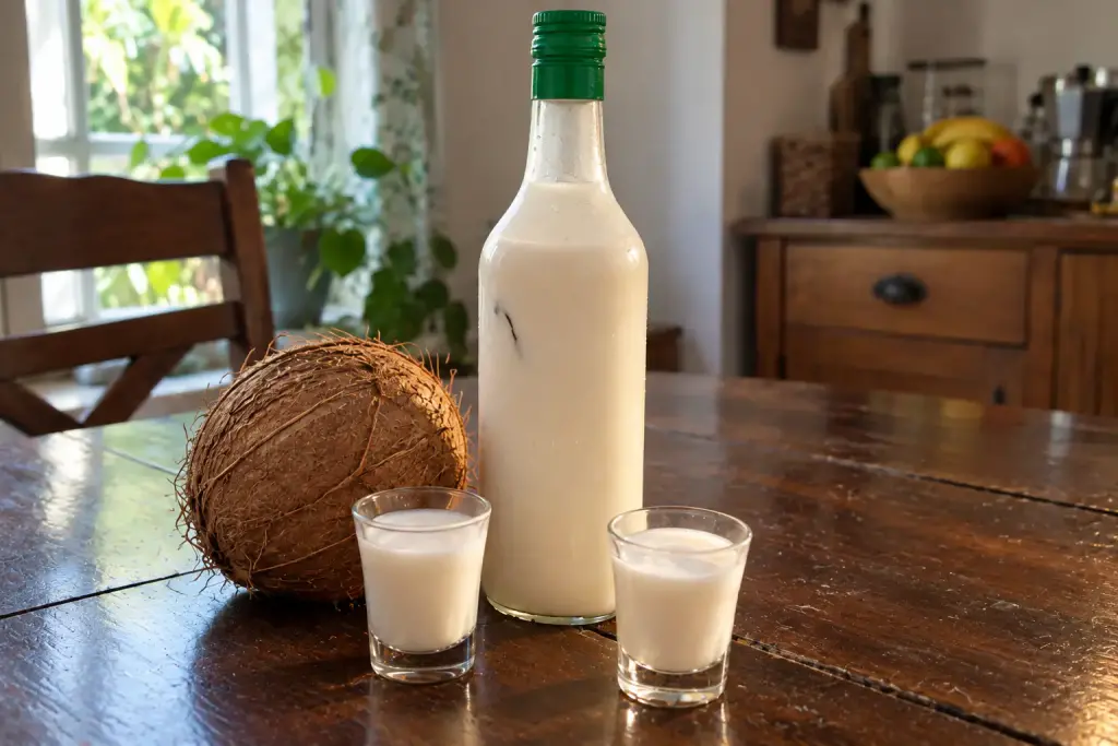 Bouteille de punch coco maison et deux petits verres, à côté d'une noix de coco