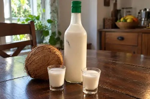 Bouteille de punch coco maison et deux petits verres, à côté d'une noix de coco