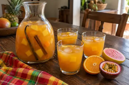 Punch planteur de La Réunion en carafe avec vanille, cannelle et dés de fruits, verres servis, orange, goyave et fruit de la passion