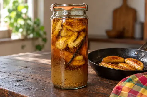 Bocal de rhum arrangé banane flambée avec des demi-bananes caramélisées et une gousse de vanille, à côté d'une poêle de bananes dorées