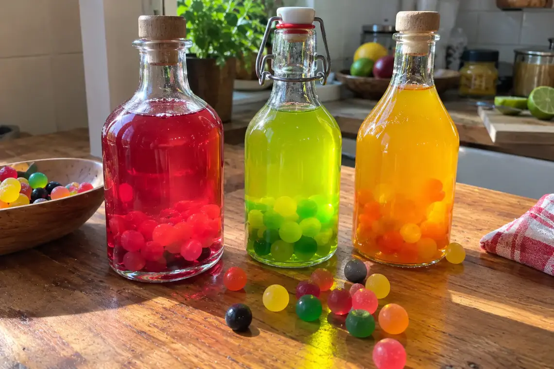 Trois bouteilles de rhum arrangé Dragibus rose, vert et jaune orangé, avec des Dragibus de la même couleur au fond, et des bonbons multicolores sur une table en bois
