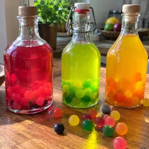 Trois bouteilles de rhum arrangé Dragibus rose, vert et jaune orangé, avec des Dragibus de la même couleur au fond, et des bonbons multicolores sur une table en bois