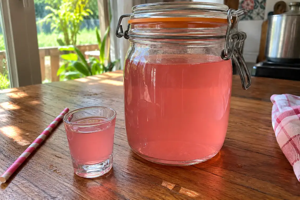 Bocal de rhum arrangé Malabar rose tendre et limpide, avec un petit verre à shot et une paille rayée rose et blanc sur une table en bois