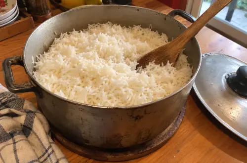 Marmite en fonte un peu usée pleine de riz blanc long grain bien détaché, avec une cuillère en bois, le couvercle posé à côté