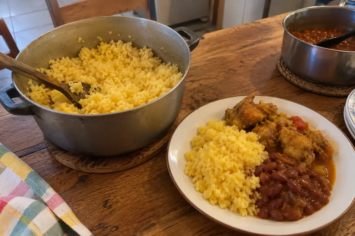 Marmite de riz maïs aux grains jaunes bien détachés, et assiette servie avec un cari et des grains de haricots rouges