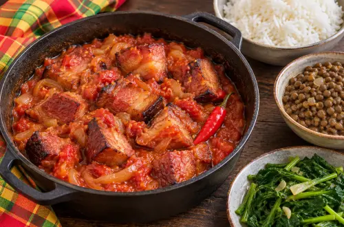 Rougail boucané réunionnais en marmite, cubes de poitrine fumée en sauce tomate, avec riz, lentilles et brèdes
