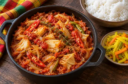 Rougail morue réunionnais en marmite, morceaux de morue en sauce tomate, piments et thym, avec riz et achards