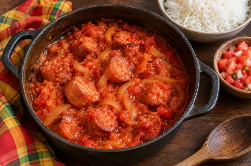 Rougail saucisses réunionnais dans une cocotte en fonte : saucisses dorées dans une sauce tomate rouge et épaisse, avec du riz blanc et un rougail tomate