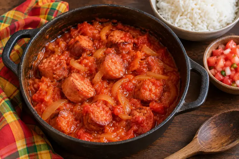 Rougail saucisses réunionnais dans une cocotte, avec du riz blanc et un rougail tomate